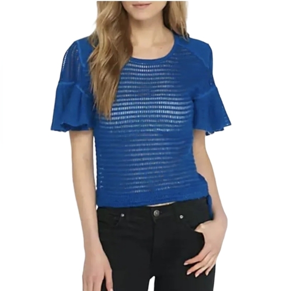 Free People Women "Babes Only Crochet Tee" Open Knit Ruffle Sleeve Tie Hem Large - Picture 1 of 10
